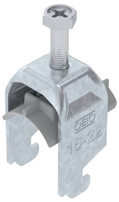 Pince de serrage de câble métallique avec une vis filetée pour la fixation des câbles, marquée 'OBO 16-22', adaptée aux installations électriques.