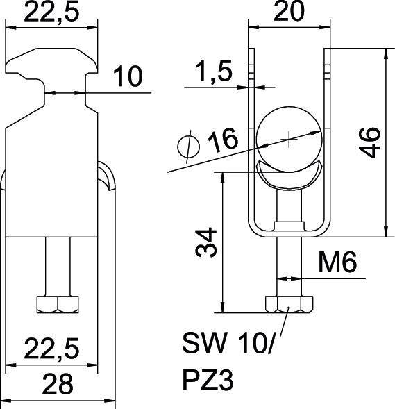 Dessin technique d'un accessoire métallique avec dimensions : base de 22,5x28 mm, hauteur de 46 mm. Trou de vis M6, six pans creux SW 10/PZ3.