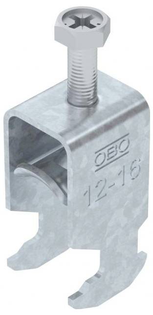 Pince de serrage pour câble métallique avec une vis sur le dessus, marquée 'OBO 12-16', utilisée pour fixer des câbles ou des conduits.