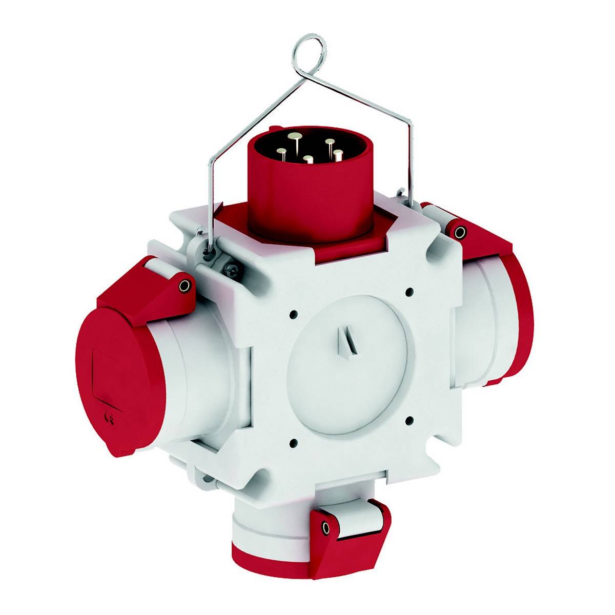 Appareil de connexion électrotechnique avec trois entrées latérales et connexion centrale, combinaison de couleurs rouge et blanc.