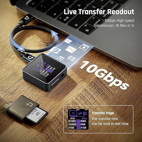 Transfert de données USB depuis un ordinateur portable à une vitesse de 10 Gbps. Un petit écran affiche les taux de transfert en temps réel et la taille du fichier.