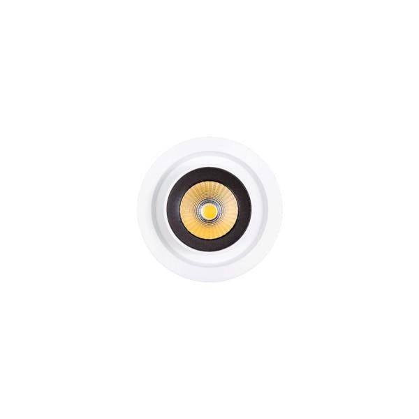 Un luminaire LED circulaire avec un réflecteur doré au centre, entouré d'une bordure blanche et noire.