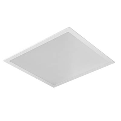 Un panneau LED carré blanc est représenté sur un fond noir. Il illustre une solution d'éclairage claire et moderne.