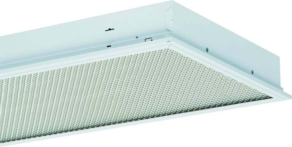 Plafonnier rectangulaire avec cadre blanc et diffuseur quadrillé, adapté aux espaces de bureaux ou commerciaux.