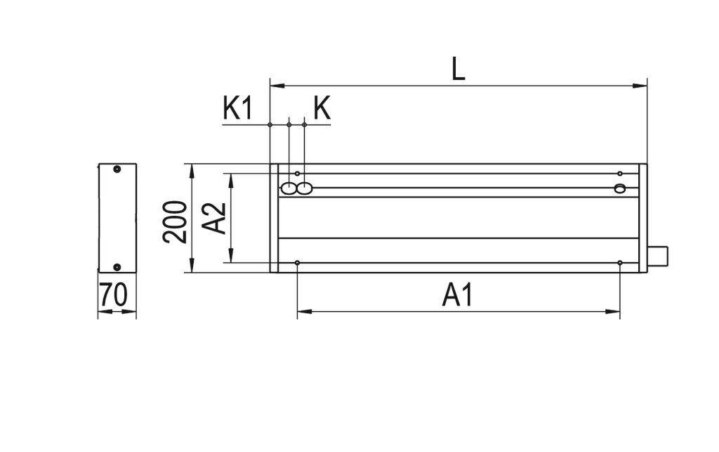 Dessin technique d'un composant rectangulaire de dimensions 200 x 70 mm ; indiquant les positions de K, K1, A1, A2 et L.