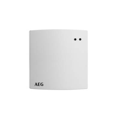 Un appareil blanc et carré avec le logo 'AEG' en bas à gauche et deux petites lumières rondes en haut à droite.