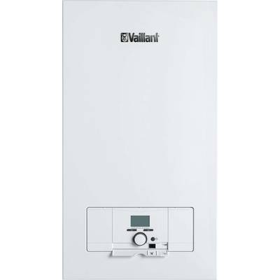 Chaudière murale blanche Vaillant avec panneau de commande central et petit écran, adaptée pour le contrôle du chauffage et de l'eau chaude sanitaire.