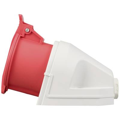Prise électrique rouge et blanche en vue latérale, avec un capuchon rouge et un œillet en haut à gauche, représentant un composant industriel typique.