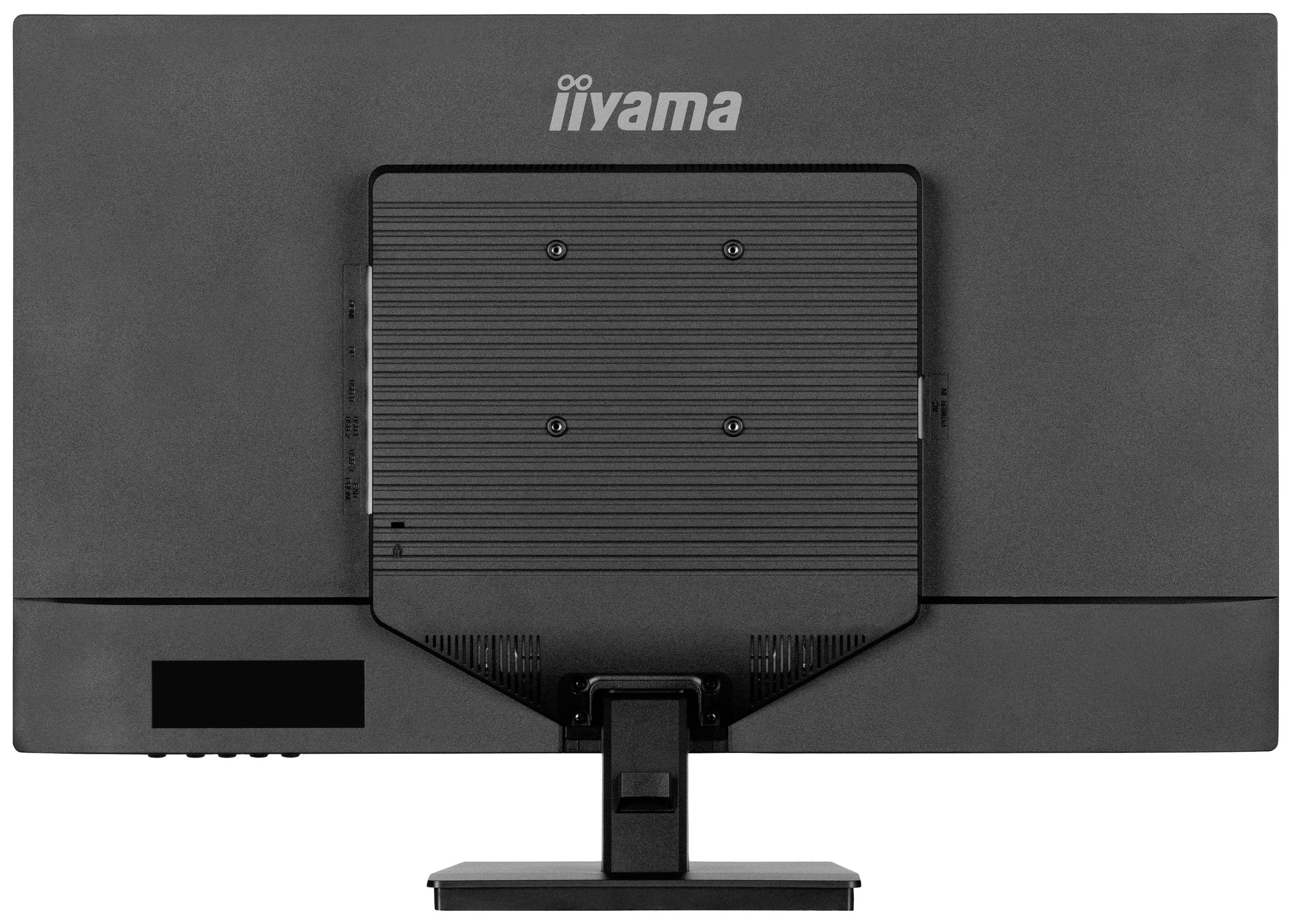 Un écran d'ordinateur noir vu de dos, de marque 'iiyama', sans affichage visible. Support central pour la fixation.