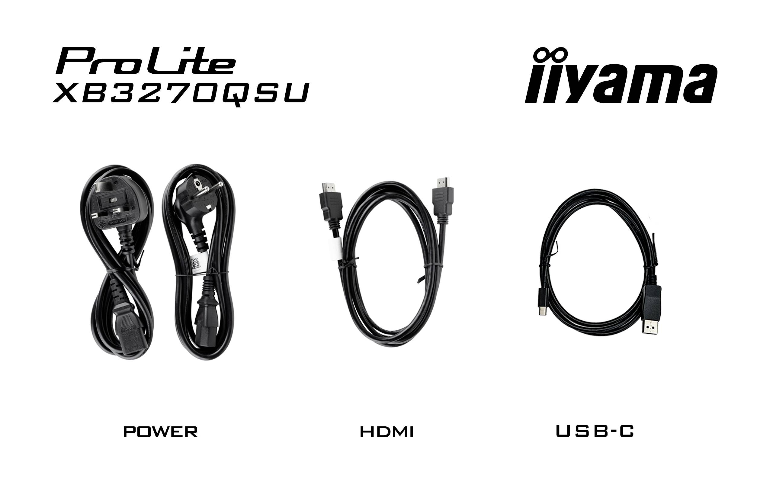 Trois câbles représentés : à gauche un câble d'alimentation, au centre un câble HDMI, à droite un câble USB-C. Se réfère au moniteur iiyama ProLite XB3270QSU.