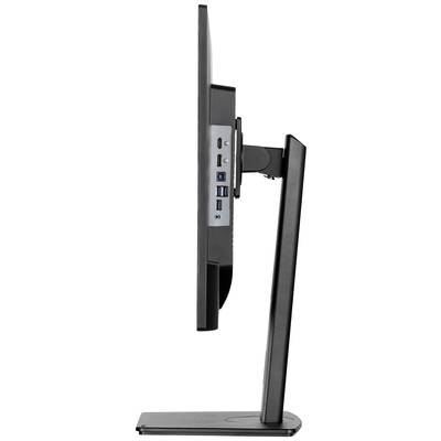 Vue latérale d'un moniteur noir sur son socle. Les ports de connexion sont visibles, comprenant notamment HDMI, USB et un port réseau.