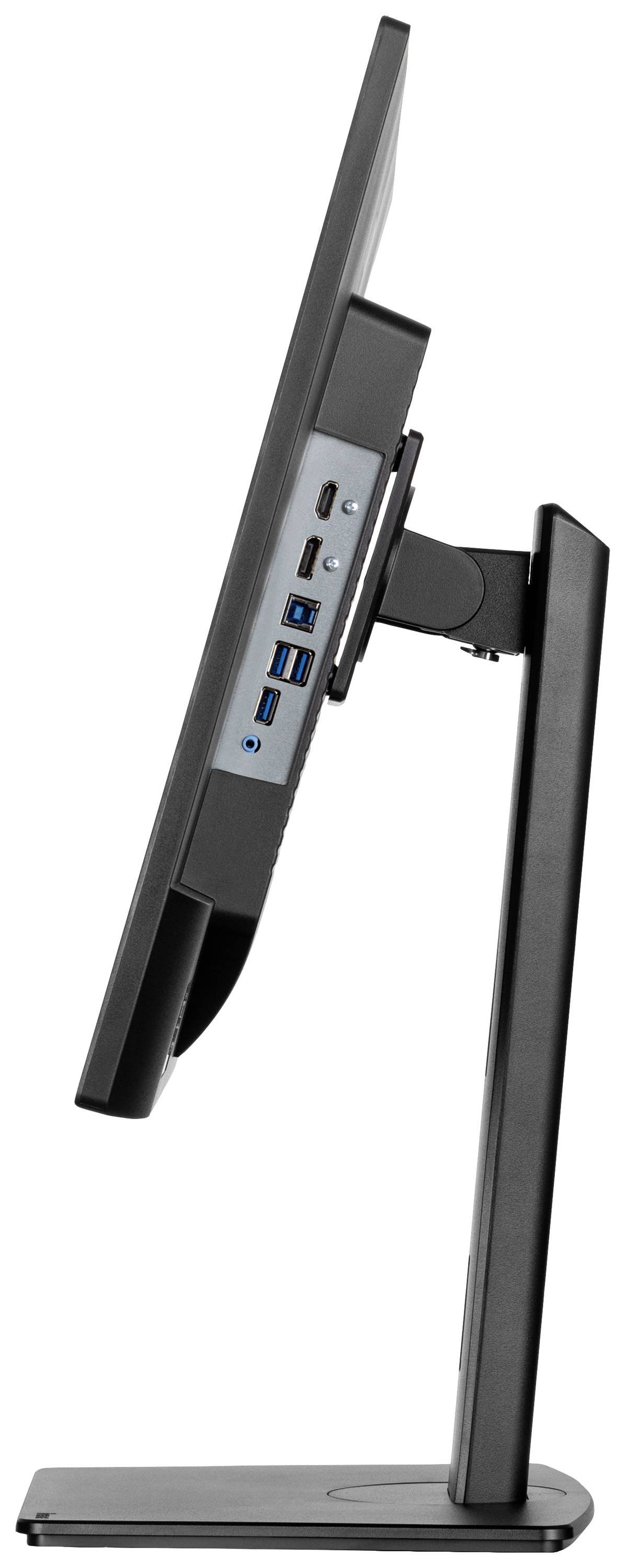Moniteur présenté de côté avec plusieurs ports USB et HDMI à l'arrière.