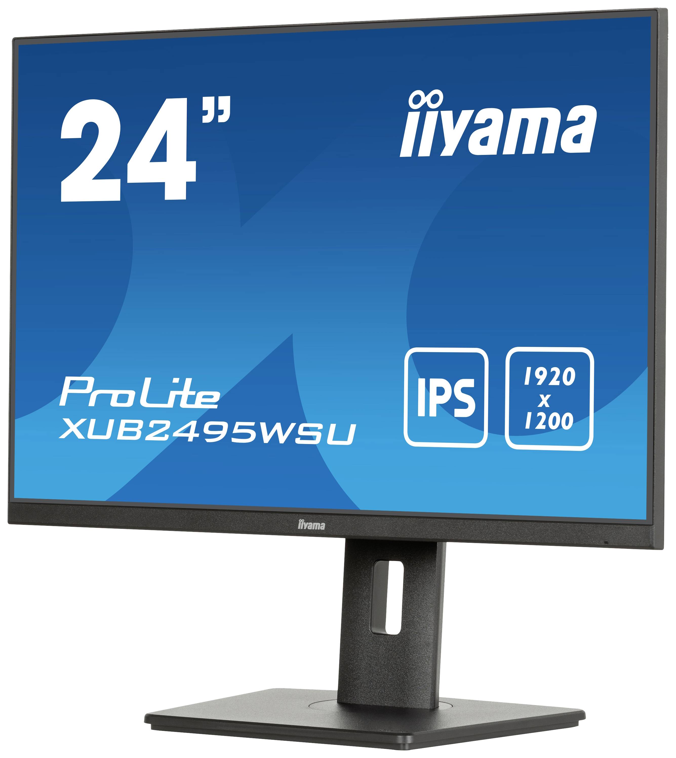 Un moniteur Iiyama de 24 pouces avec technologie IPS, modèle ProLite XUB2495WSU, résolution 1920 x 1200, design noir.
