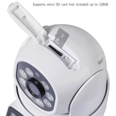 Caméra de surveillance avec emplacement ouvert pour carte microSD, prenant en charge jusqu'à 128 Go (carte non incluse).