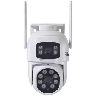 Caméra de surveillance à double objectif et multiple éclairages LED, adaptée aux usages de sécurité extérieure.