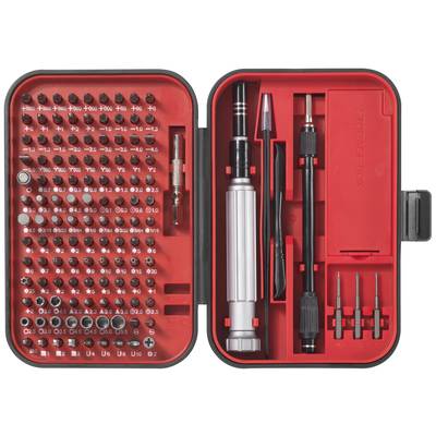 Un ensemble d'outils rouge comprenant de nombreux embouts de tournevis, poignées et outils pour travaux de réparation, soigneusement disposés dans un étui ouvert.