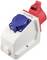 Prise industrielle avec fiche rouge et douille bleue, marque 'SLDOMIX', en blanc et rouge. Adaptée pour des connexions électriques robustes.
