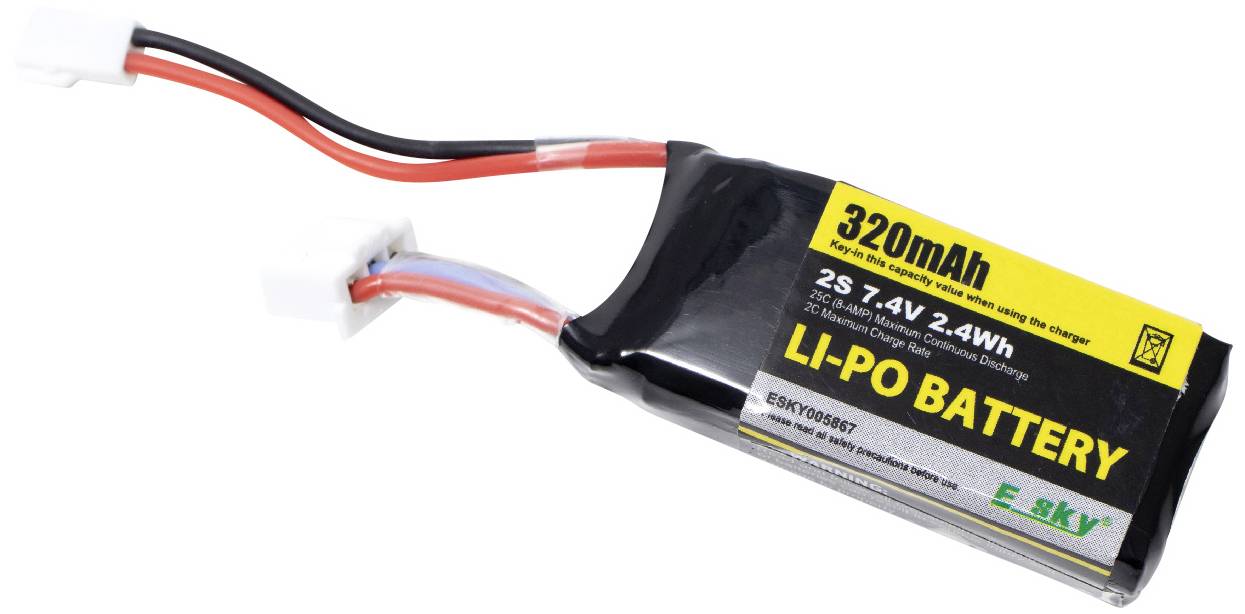 'Une batterie Li-Po de 320mAh avec 7,4V et 2,4Wh, noire avec étiquette jaune. Adaptée aux petits appareils électroniques ou modèles.'