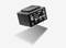 Un transformateur noir rectangulaire avec des spécifications électriques et des symboles blancs sur sa surface, indiquant la tension et l'intensité du courant.