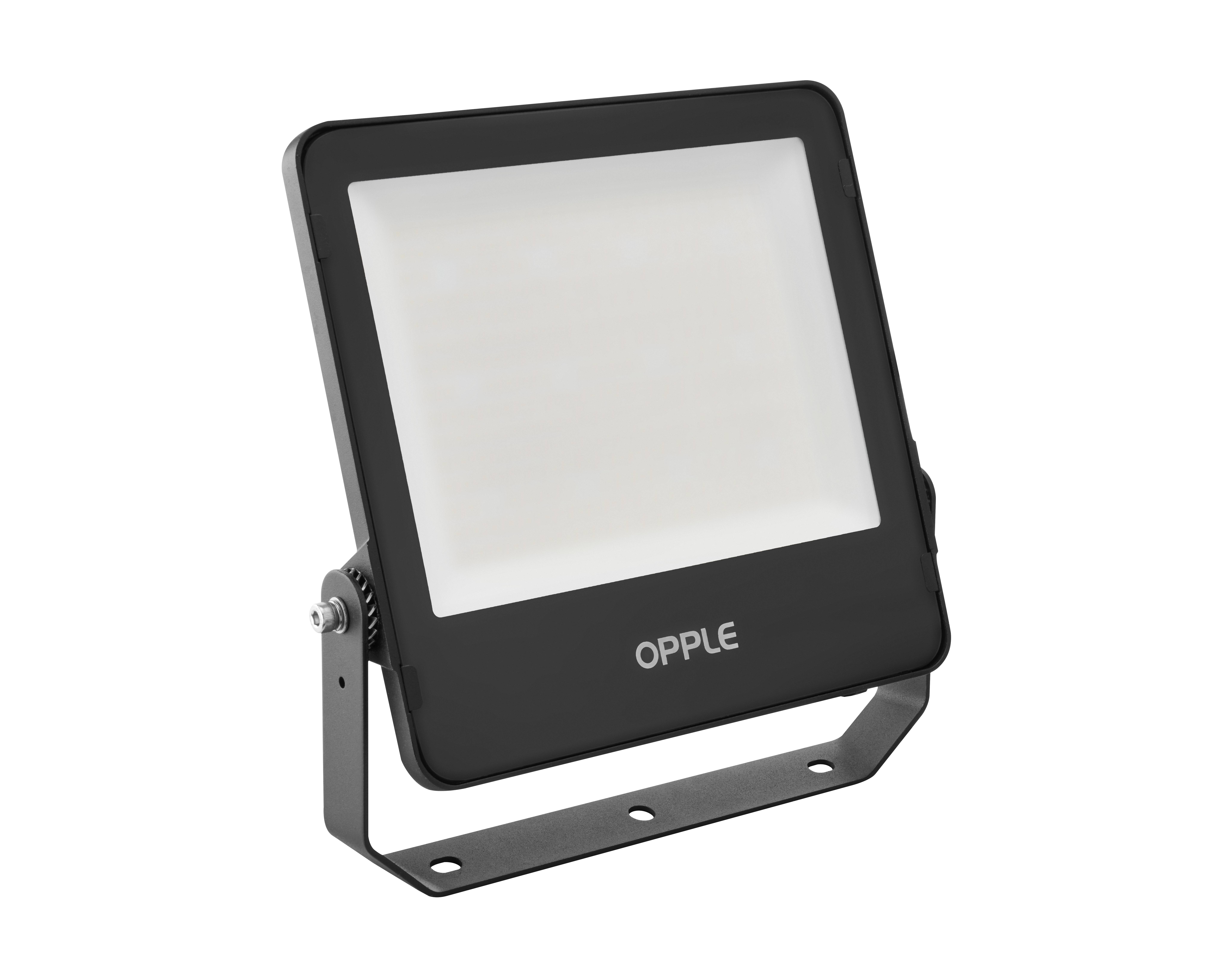 Un projecteur LED rectangulaire d'Opple avec un cadre noir et une surface lumineuse blanche, présenté sous un angle incliné.