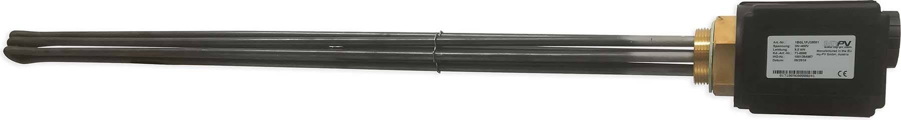 Élément chauffant long et cylindrique comprenant trois tubes métalliques noirs et un boîtier de raccordement noir, conçu pour des applications industrielles.