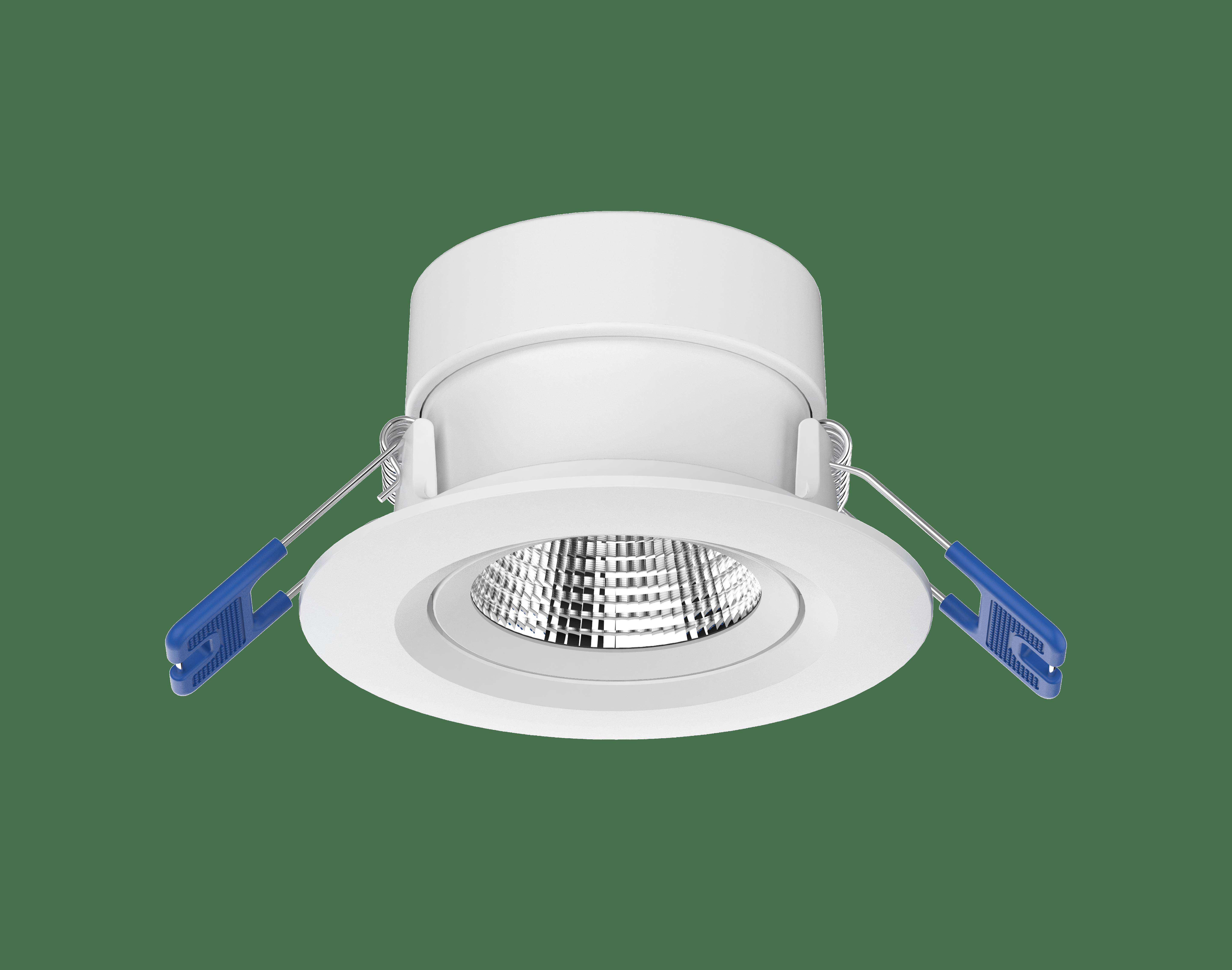 Boîtier d'éclairage LED encastrable rond blanc avec des clips de fixation bleus, adapté pour les installations d'éclairage intégrées au plafond.