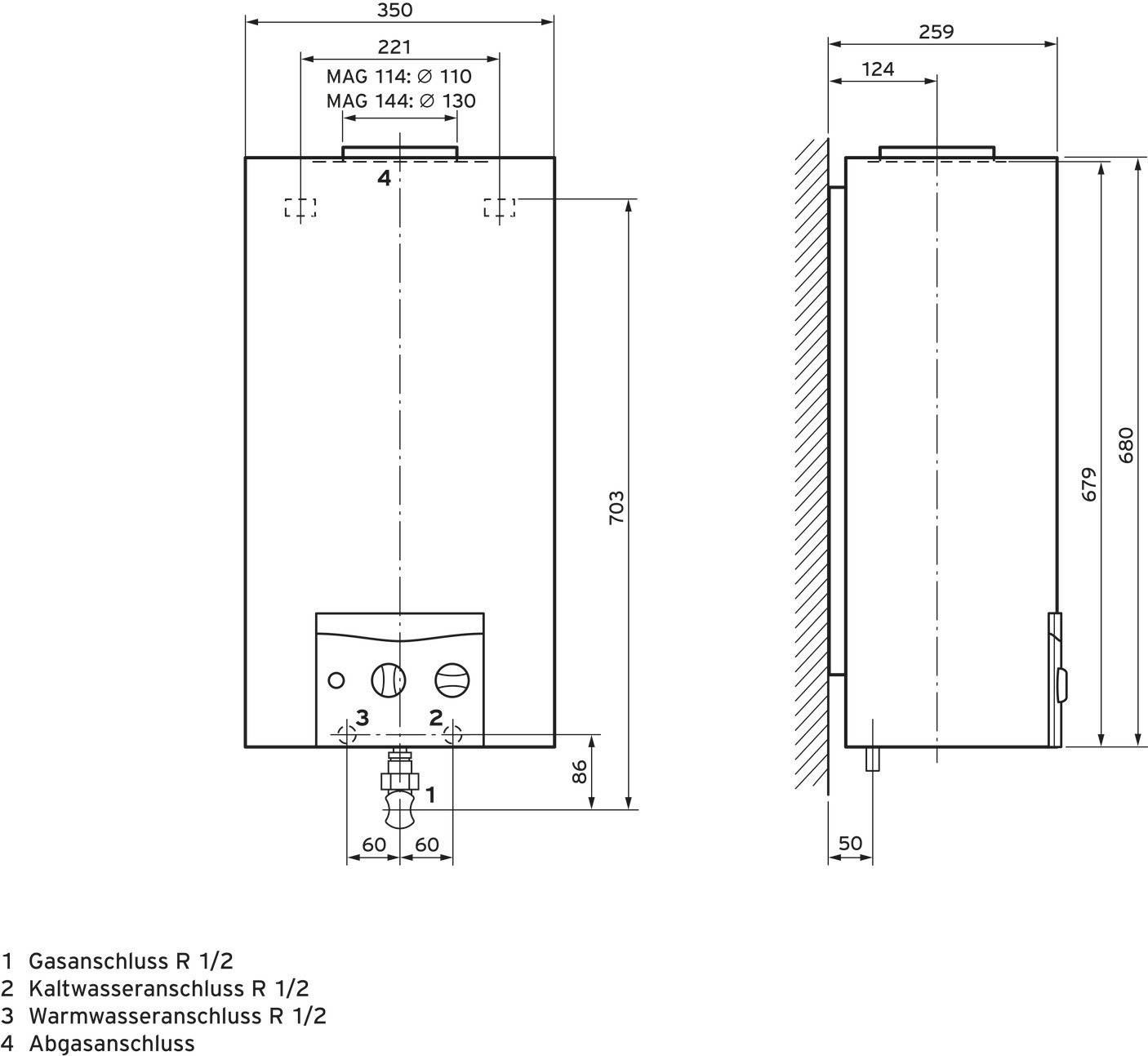 Dessin technique d'un chauffe-eau instantané au gaz avec dimensions en millimètres. Raccordements marqués : gaz, eau froide, eau chaude, gaz de combustion.