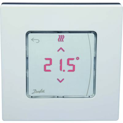 Un thermostat mural affiche une température de 21,5 degrés Celsius. Deux flèches permettent de régler la température.