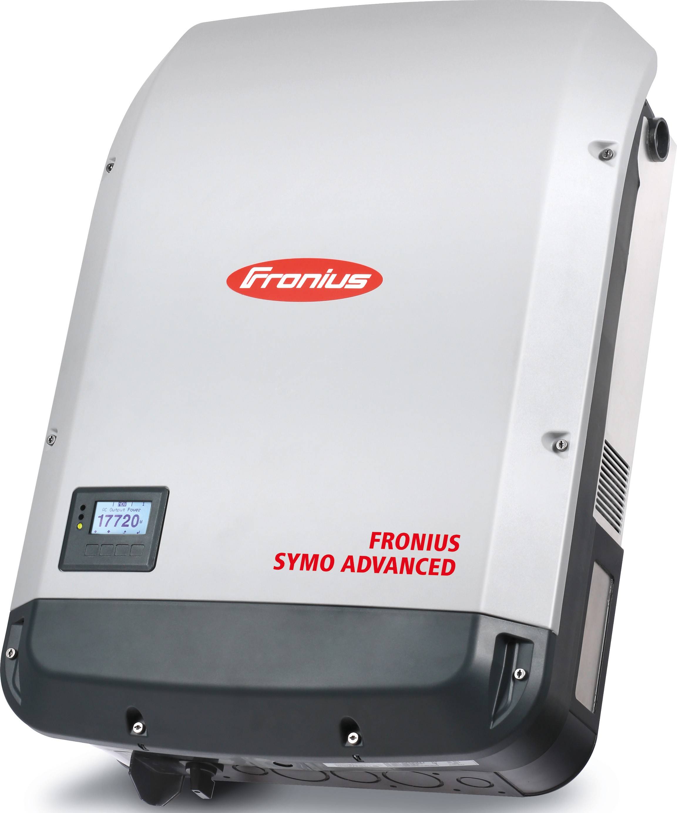 Onduleur 'Fronius Symo Advanced' avec affichage numérique, boîtier gris.