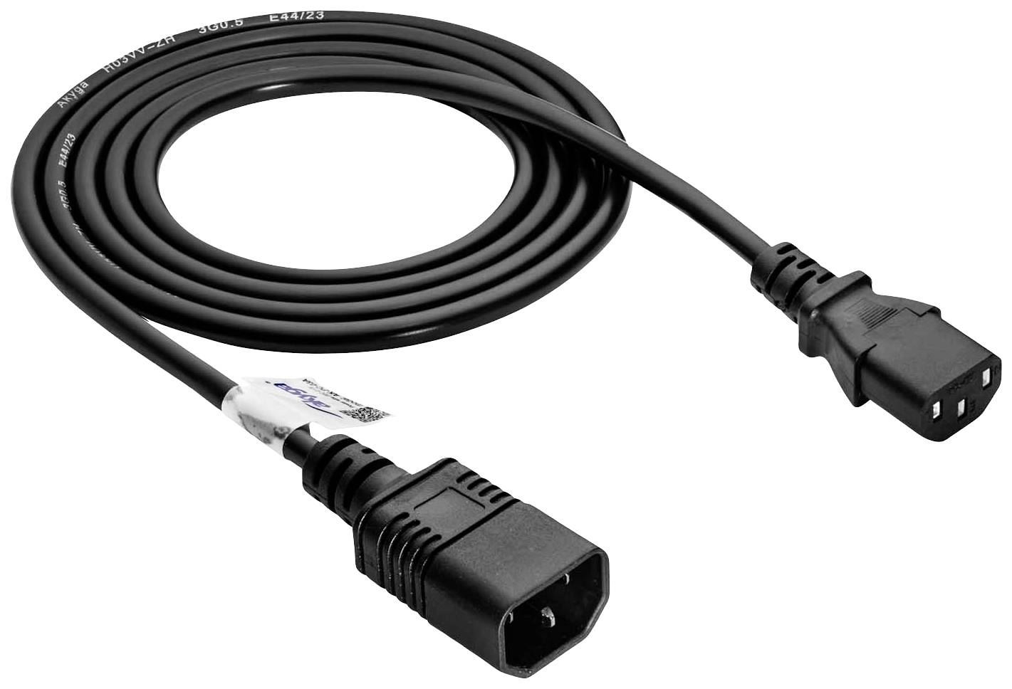Câble réseau noir avec fiche IEC-C13 d'un côté et prise IEC-C14 de l'autre, adapté pour ordinateurs ou moniteurs.