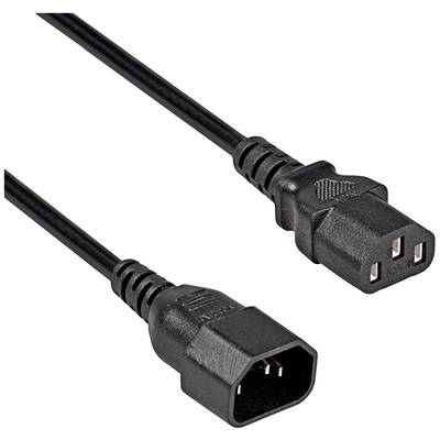 Un câble réseau noir avec une fiche mâle et une fiche femelle, de type C13 et C14, utilisé pour la connexion électrique d'appareils.