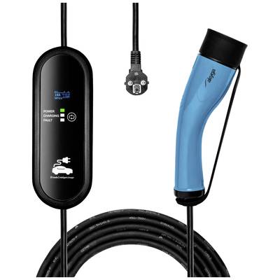 Câble de charge électrique avec embout de charge bleu, adapté aux véhicules électriques. Affiche le statut de charge et l'indication de puissance sur l'écran.