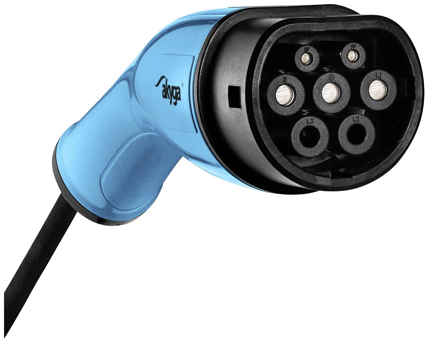 Connecteur électrique bleu avec cinq bornes métalliques, utilisé pour connecter les véhicules électriques lors de la recharge.