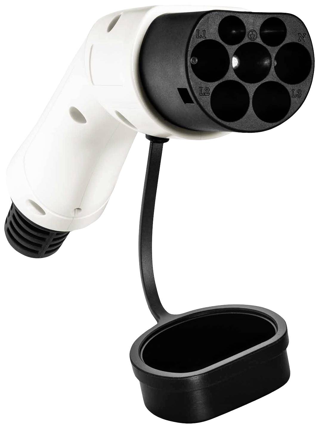 Un connecteur de charge blanc et noir pour véhicules électriques, fiche de type 2 avec sept bornes rondes.