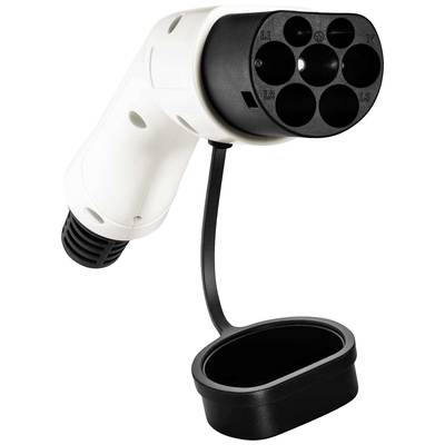 Un connecteur de charge blanc et noir pour véhicules électriques, fiche de type 2 avec sept bornes rondes.