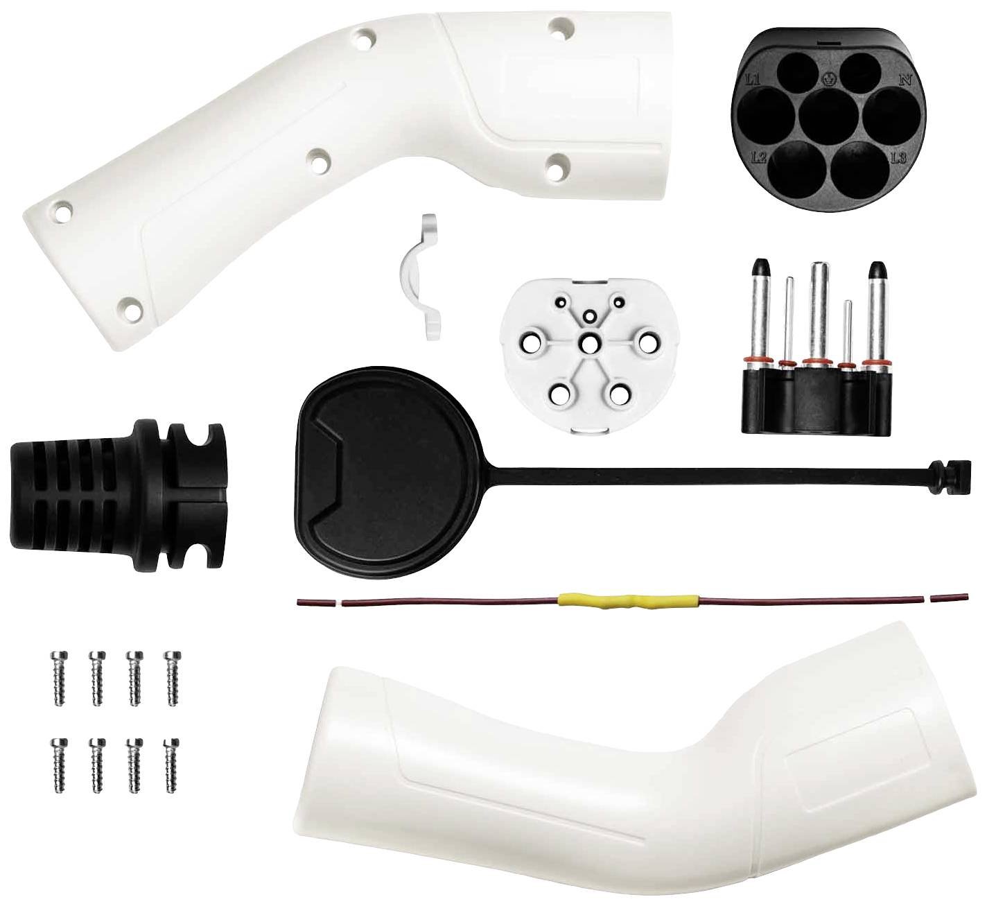 Composants d'un kit de réparation pour scooter : guidon blanc, supports, vis, câbles.
