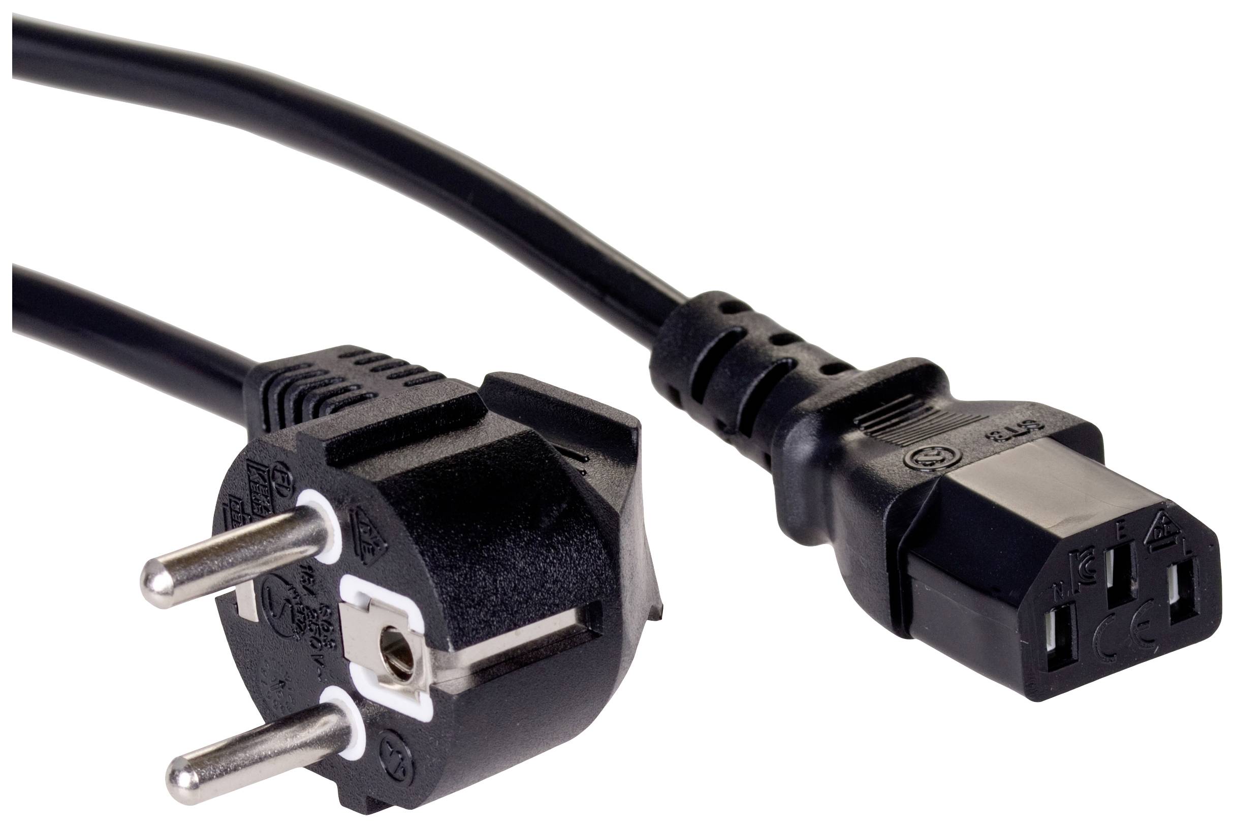 'Illustration d'une prise Schuko européenne avec un câble à connecteur femelle IEC-C13. Utilisé pour l'alimentation électrique des appareils électroniques.'