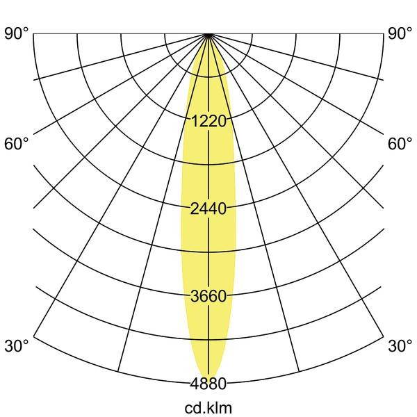 Diagramme polaire montrant la distribution lumineuse d'un projecteur ; valeurs allant de 1220 à 4880 cd pour des angles de 0° à 90° dans la zone jaune.