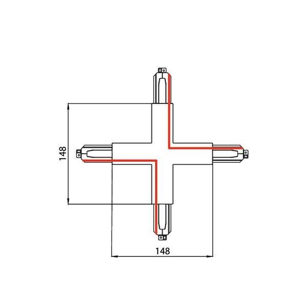 Dessin technique d'un composant en forme de croix avec une indication de longueur de 148 mm sur chaque côté. Des conduites sont installées à chaque extrémité.