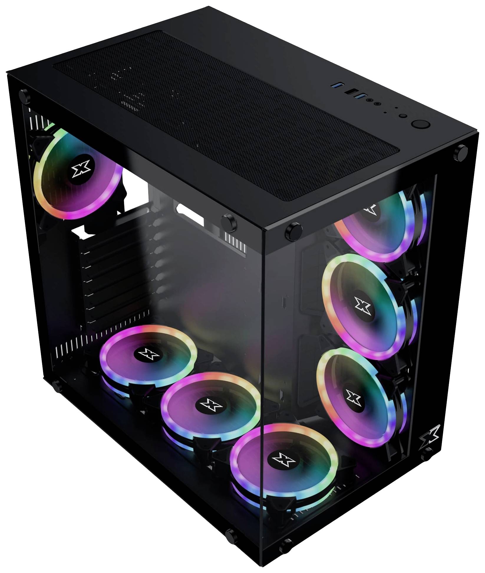Boîtier d'ordinateur noir avec des parois en verre, montrant six ventilateurs colorés et lumineux avec éclairage RVB.