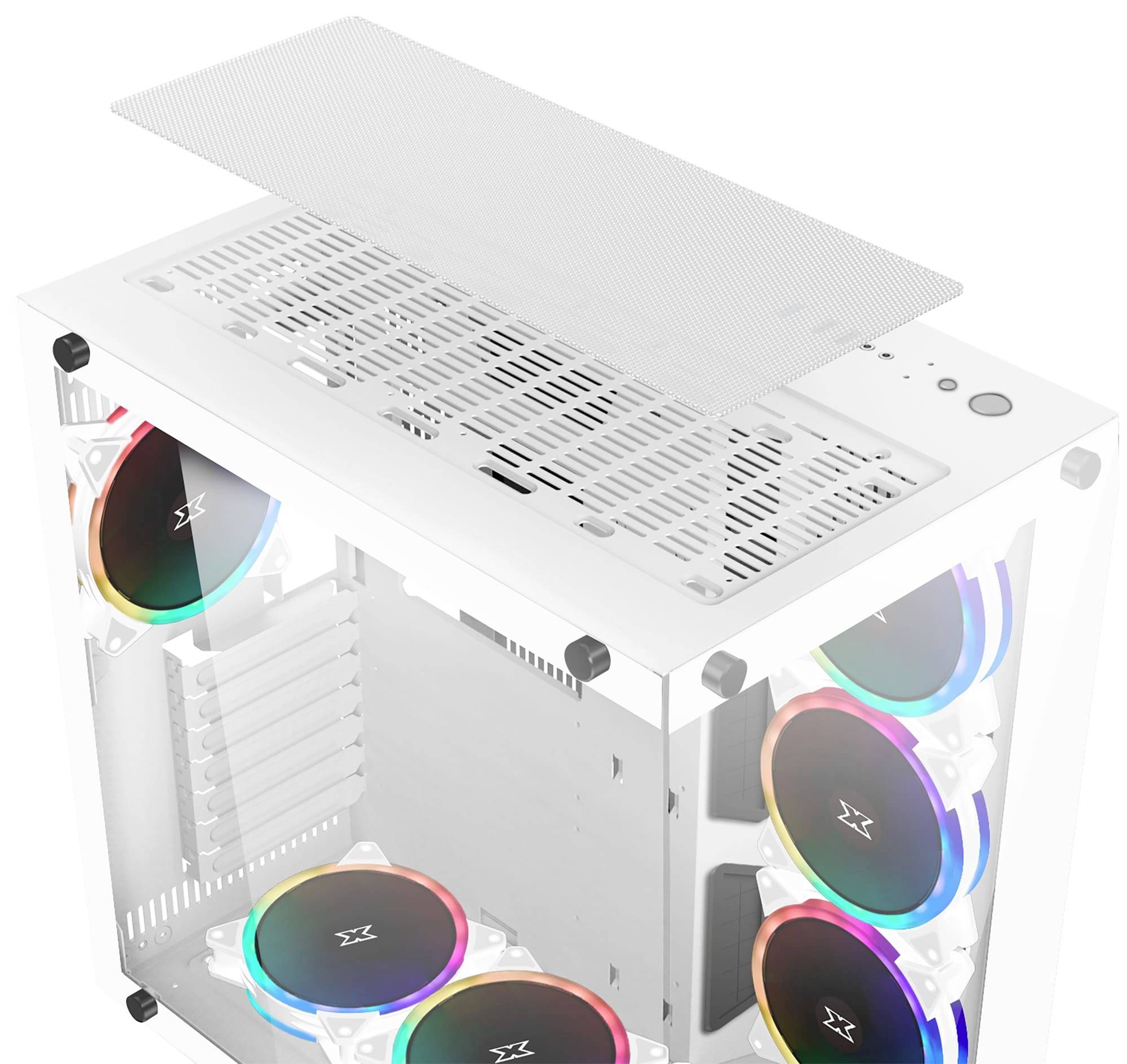 Un boîtier PC blanc avec des panneaux en verre présente des ventilateurs colorés et lumineux. Le boîtier offre de l'espace pour le matériel informatique intégré.