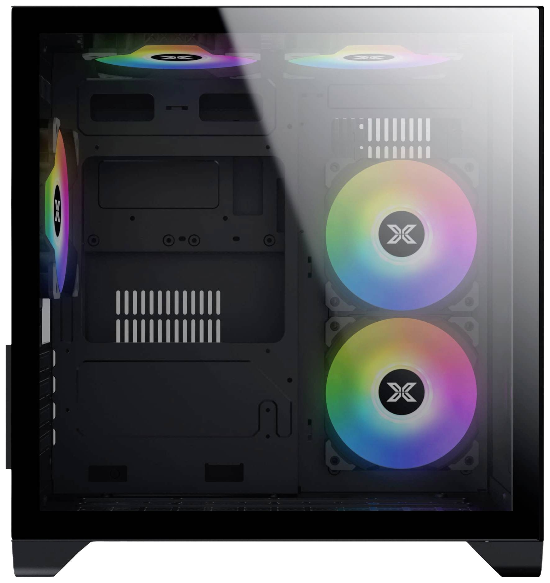 Boîtier de PC gaming avec panneau en verre, montrant des ventilateurs LED arc-en-ciel à l'intérieur. Le boîtier est vide, prêt pour l'installation de composants matériels.