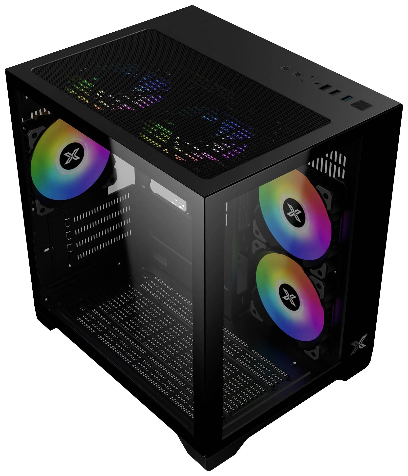 Un boîtier PC noir aux côtés transparents révèle des ventilateurs LED colorés à l'intérieur, créant un éclairage vivant et dynamique.