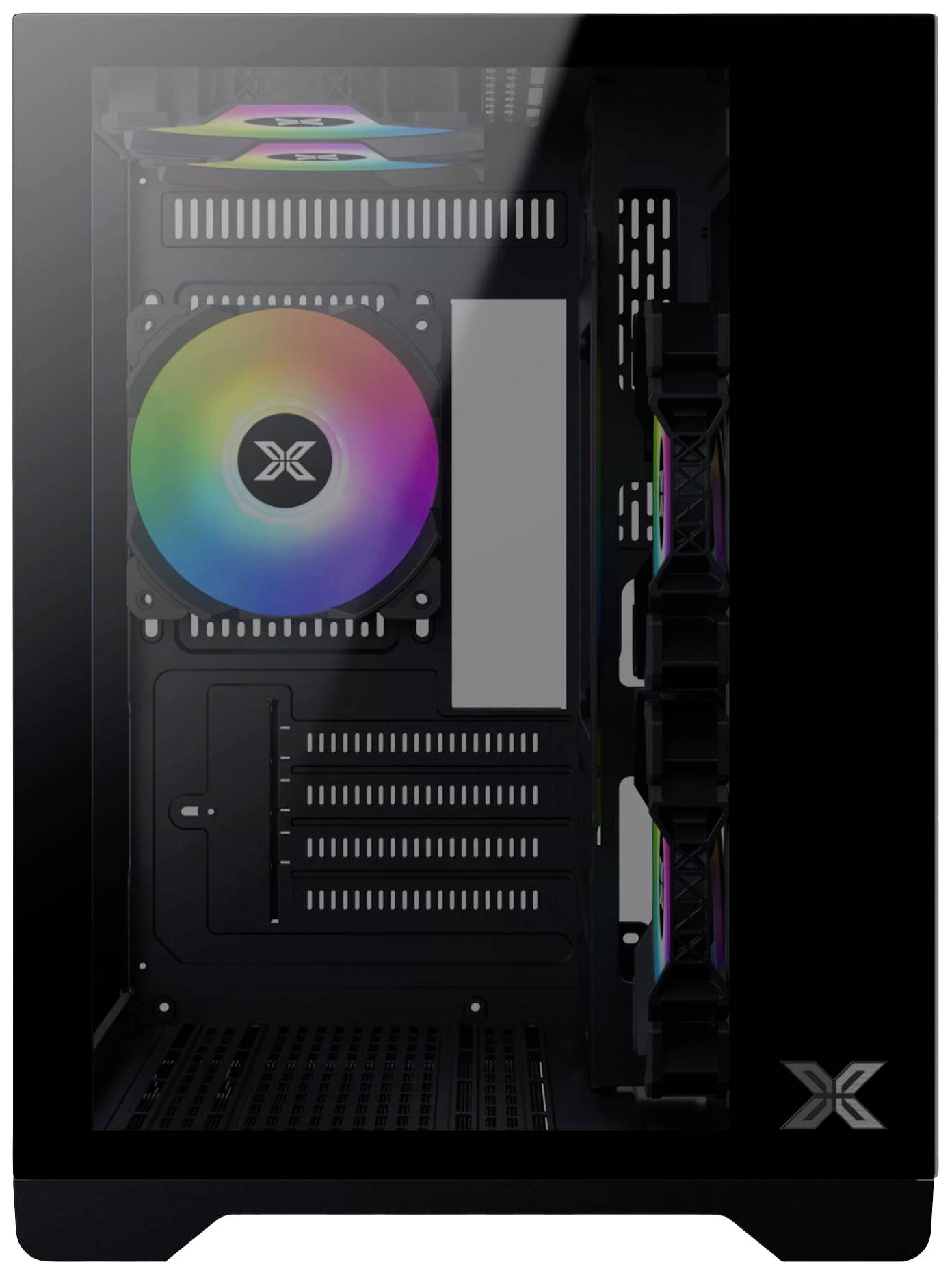 Boîtier d'ordinateur vide avec ventilateur LED coloré et panneau latéral transparent, adapté pour l'installation de composants matériels supplémentaires.