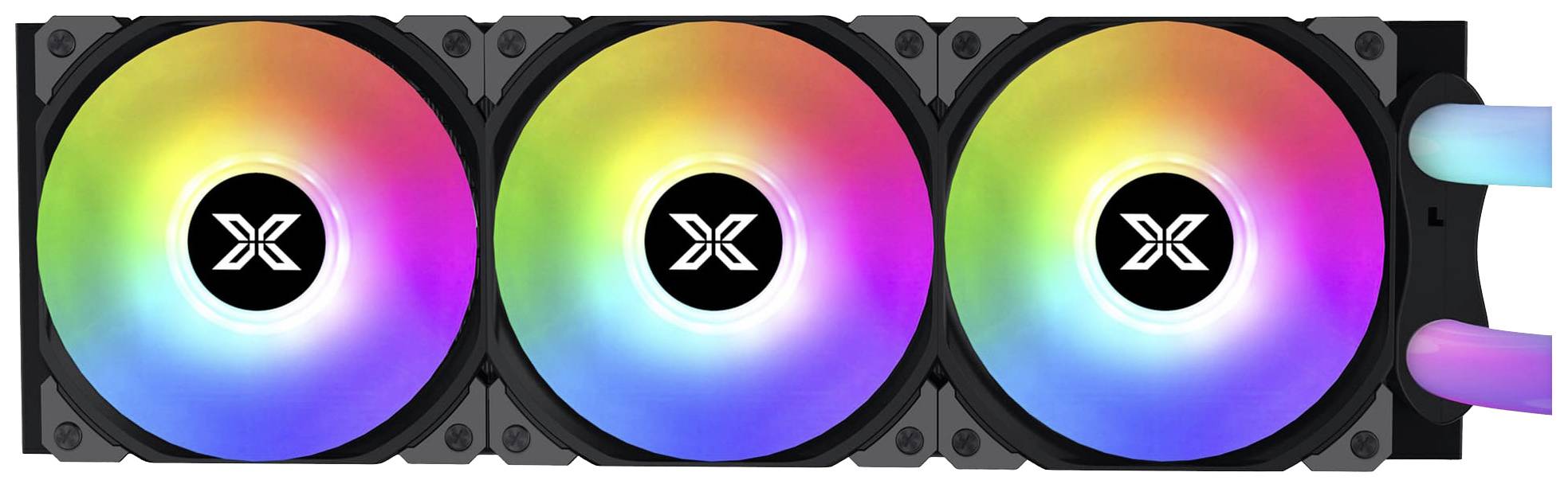 Trois ventilateurs d'ordinateur avec éclairage LED arc-en-ciel côte à côte.
