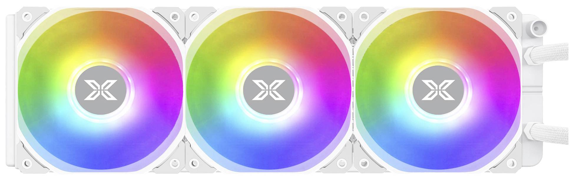 Trois ventilateurs d'ordinateur blancs avec éclairage RVB dans les couleurs de l'arc-en-ciel.