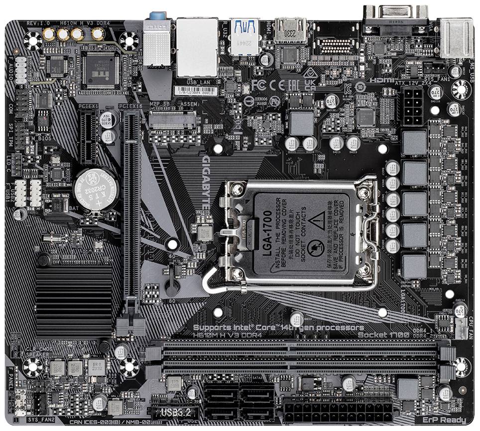 Une carte mère avec un socket LGA1700, plusieurs ports (USB, HDMI), et des circuits intégrés, adaptée aux processeurs Intel.