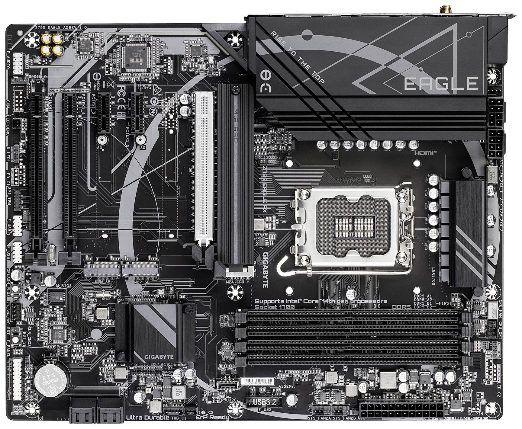 Carte mère avec plusieurs emplacements, puces et connecteurs. Marquage 'Eagle'. Aspect principal : socket CPU au centre.