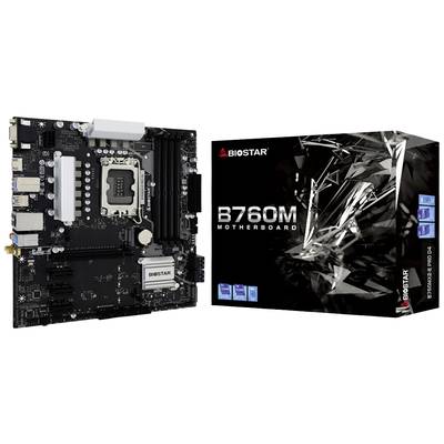 Un motherboard Biostar B760M à côté de son emballage. L'emballage présente un design graphique. Les caractéristiques principales sont mises en évidence sur la boîte.