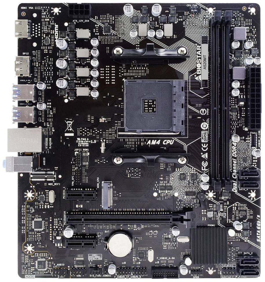 Une carte mère noire avec plusieurs emplacements et connecteurs, comprenant un socket CPU AM4, des slots PCIe et des emplacements pour RAM.